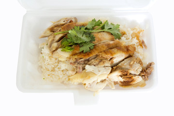 Rice steamed with chicken soup on foam box