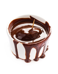 Cup of hot chocolate cocoa flow isolated on white background, cl