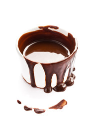 Cup of hot chocolate cocoa flow isolated on white background, cl