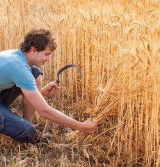 Obraz premium Portrait of smile harvest farmer with sickle