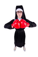 Nun with boxing gloves isolated on white
