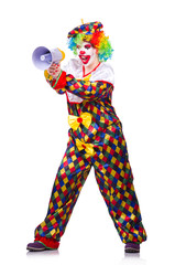 Clown with loudspeaker on white