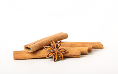 cinnamon and star anise, isolated on white background