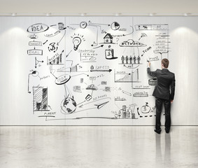 businessman drawing business strategy on the wall