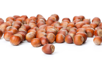 Unbroken hazelnuts on white surface