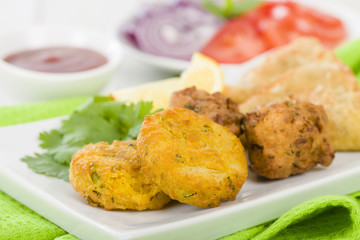 South Asian Starters: Aloo Tikki, Onion Bhaji & Vegetable Samosa