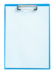 blue clipboard with sheet of paper isolated