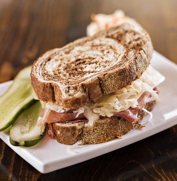 Reuben Sandwich With Kosher Dill Pickle And Coleslaw