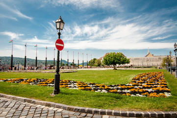 Garden and traffic sign on Buda castle