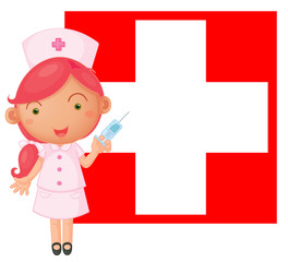 A nurse with an injection in front of the Switzerland flag