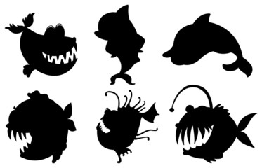 Six silhouettes of fishes with big fangs