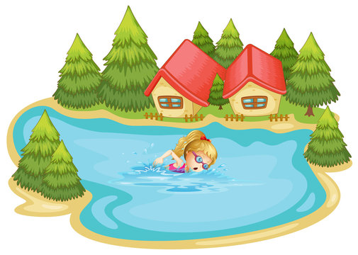 A girl swimming near the pine trees