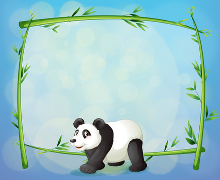 A panda with a framed bamboo tree at the back