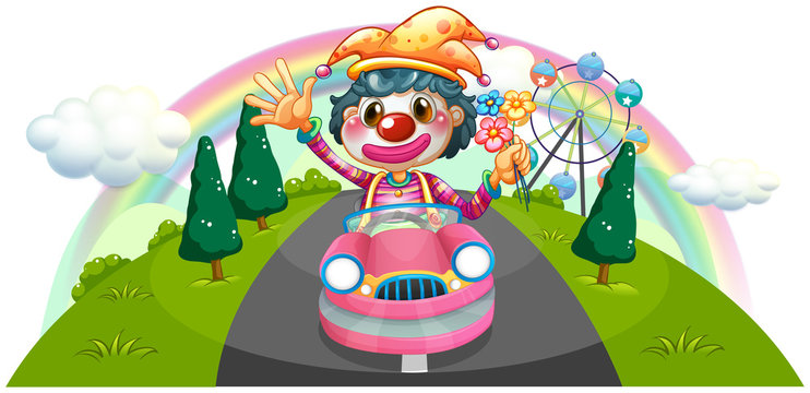 A happy female clown riding on a pink car