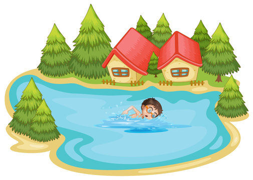 A boy swimming at the river with pine trees