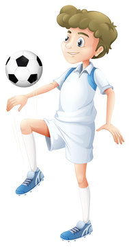 A tall boy playing soccer