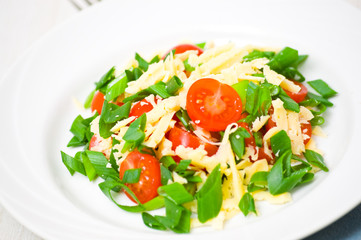 Fresh vegetable salad with cherry tomatoes, green onions, cheese
