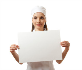 woman nurse or doctor  showing blank sign board.