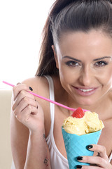 Model Released. Young Woman Eating Vanilla Ice Cream