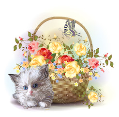 Illustration of  the fluffy kitten and  basket with roses - 52469757