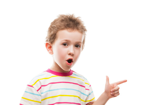 Child boy gesturing or finger pointing