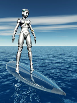 Female Robot with Surfboard