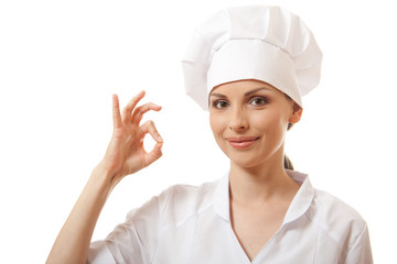 Chef baker or cook showing ok hand sign, isolated on white