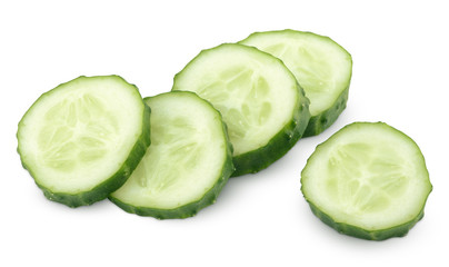 Slice of green cucumber vegetable on white with clipping path