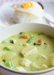 yellow curry with tofu and fried egg,Thai menu