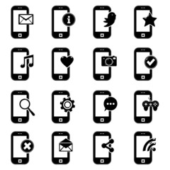 phone icons with social network signs on screens