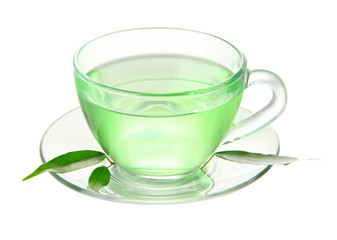 Transparent cup of green tea, isolated on white