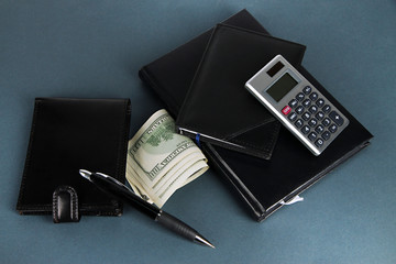 Set of business accessories on gray background