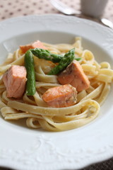italian cuisine, salmon and asparagus fettuccine