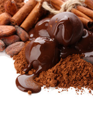 Composition of chocolate sweets, cocoa and spices, isolated