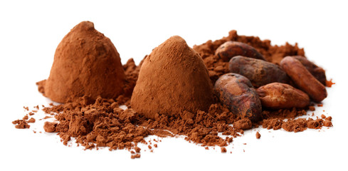 Chocolate truffles and cocoa isolated on white