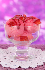 Delicious ice cream on table on bright background