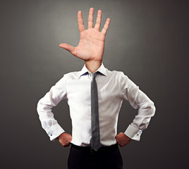 man with palm hand gesture instead of the head