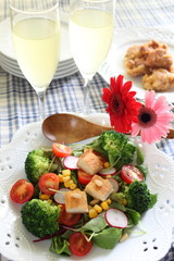 goumret appetizer, broccoli and assorted vegetable salad