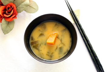 japanese cuisine, pumkin and seaweed in Misoshiru