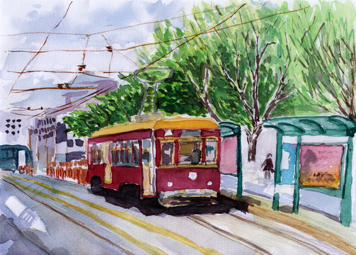 Streetcar Watercolor Sketch