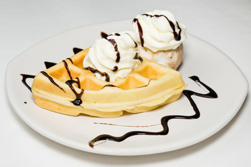 icecream and waffle with chocolate sauce