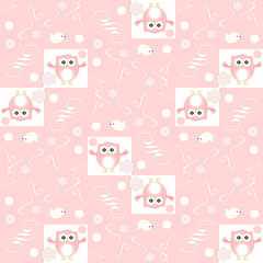 Cute floral seamless background with pink owls