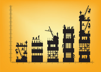 Obraz premium Vector construction worker silhouette at charts and graphs