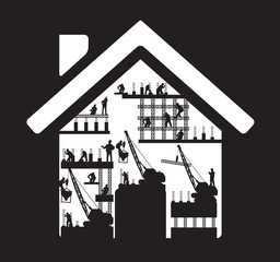 Vector home icon construction worker silhouette at work