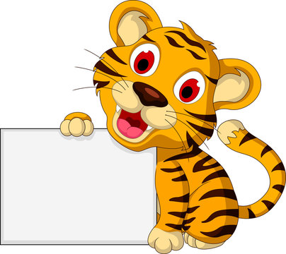 cute baby tiger with blank sign