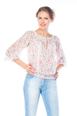 beautiful and young woman on an isolated white background