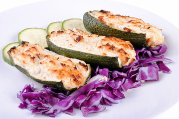 stuffed zucchini with tuna and cheese on white