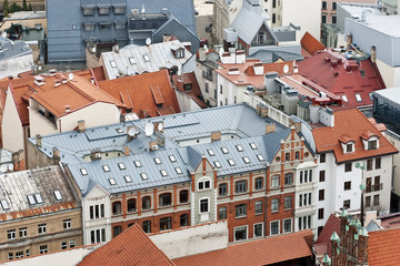 Red and blue  city roofs