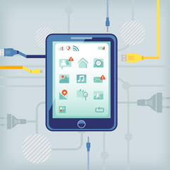 tablet computer on network background