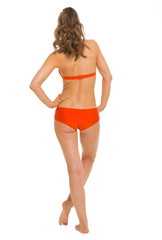 Full length portrait of young woman in swimsuit. rear view